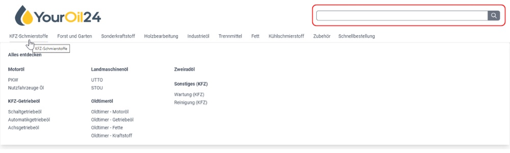 die Suchzeile Der YourOil24 Onlineshop ist zu sehen, mit einer rot eingerahmten Suchleiste oben rechts für eine einfache Produktsuche.