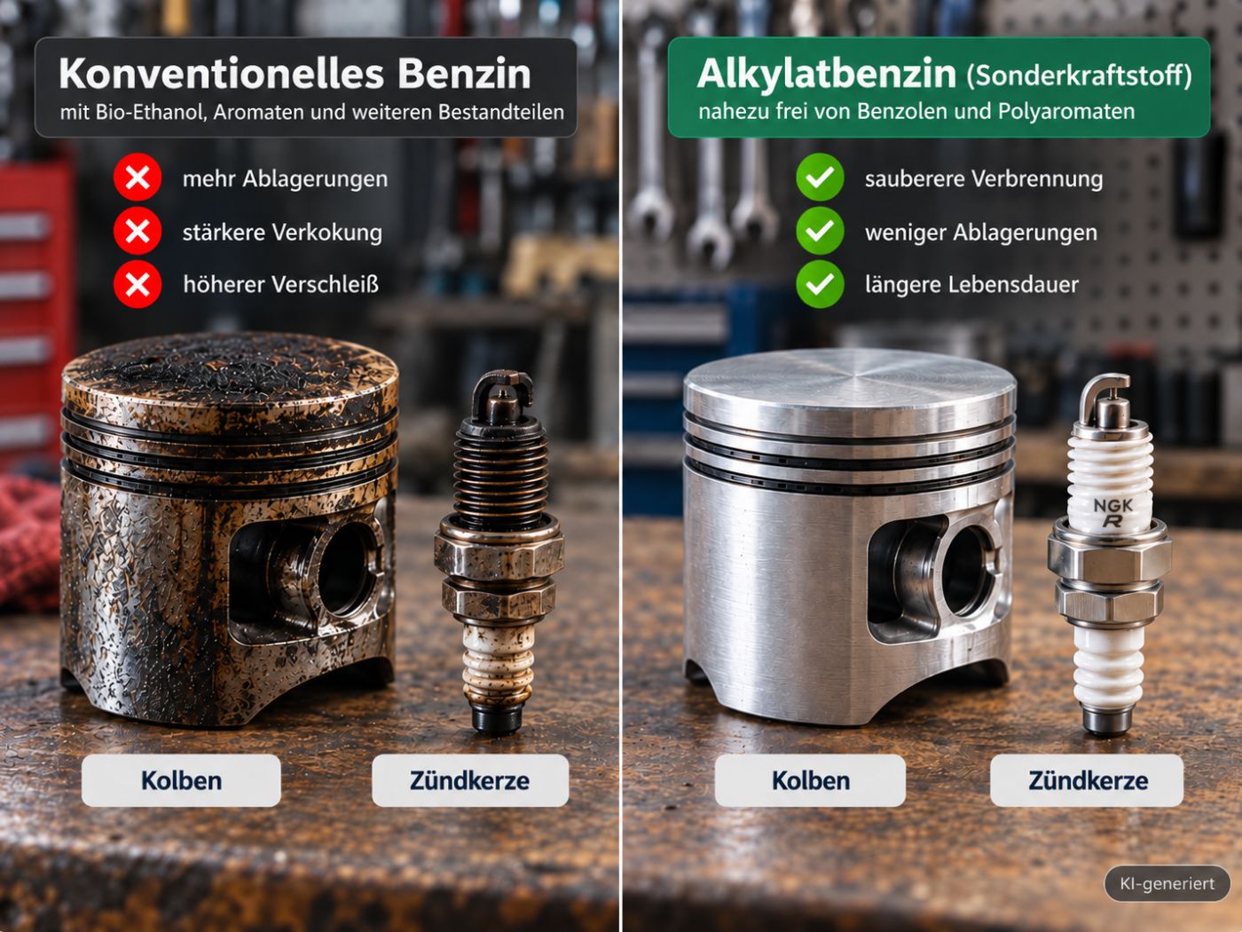 Vergleich von konventionellem Benzin und Alkylatbenzin anhand von Kolben und Zündkerze